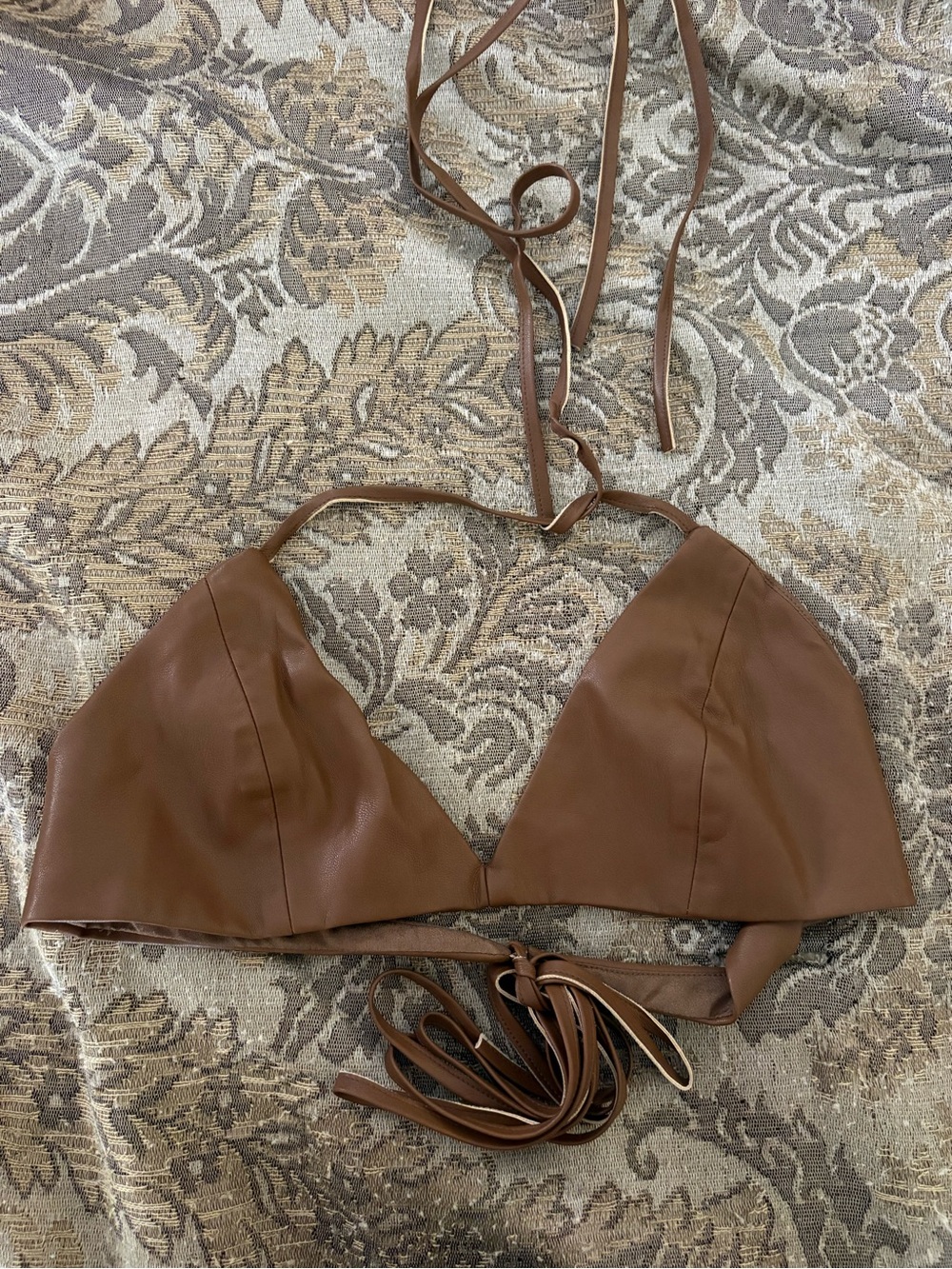Signature 8 Brown Faux Leather Triangle Halter Top